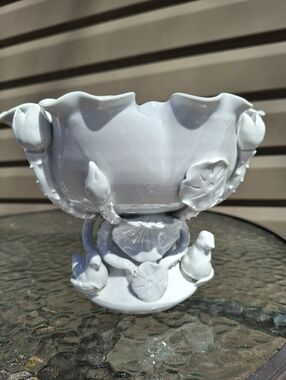 Vintage Blanc de Chine Pedestal Bowl Cachepot Lotus Lily Pads & Bird Motif